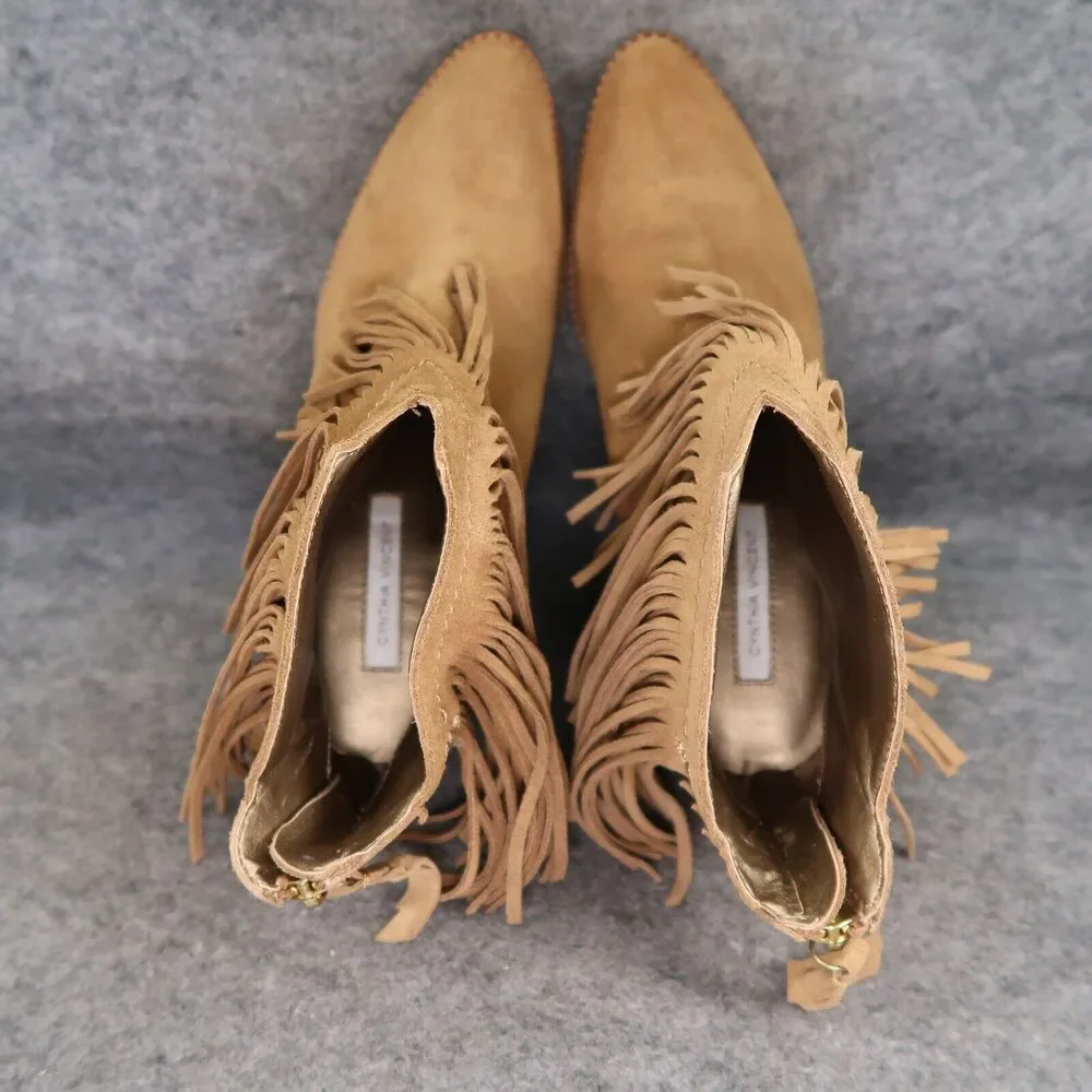 Cynthia Vincent Shoes Womens 9 Booties Fringe Leather Block Heel Fashion Western